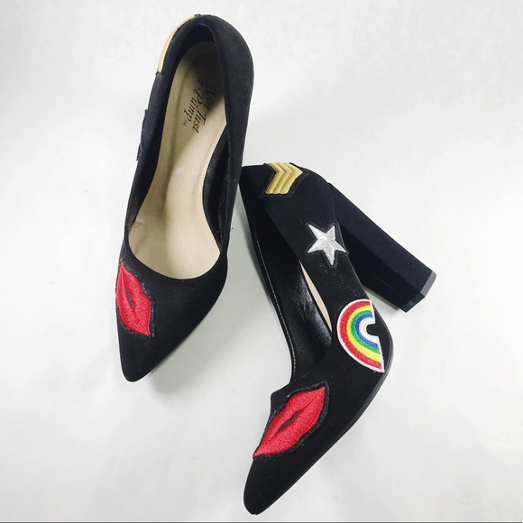 Not Just A Pump Shoes - Black Suede Embroidered Pop Art Funky Chunk Heel 6